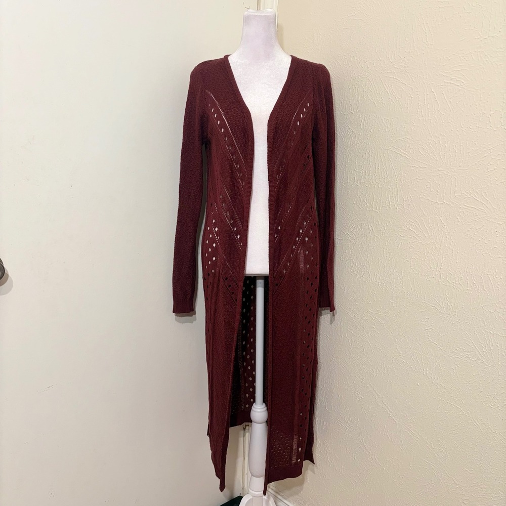 Red Burgundy Pointelle Open Front Duster Extra Long Cardigan Sweater Boho Fall M